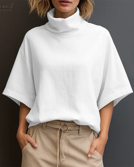Zanzea Women's Elegant Turtleneck Half Sleeve Blouse