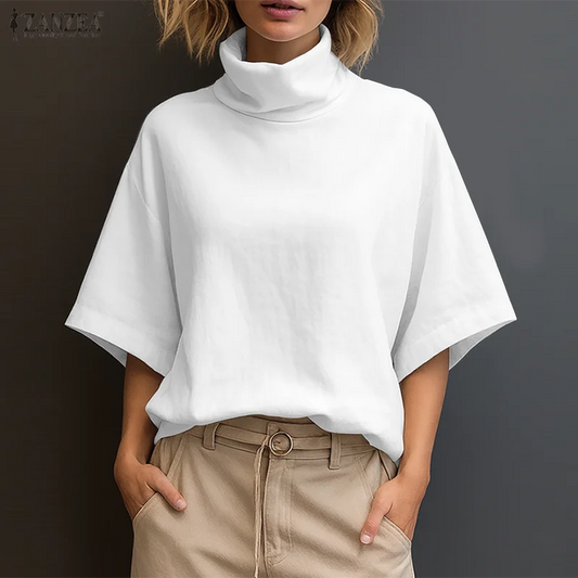 Zanzea Women's Elegant Turtleneck Half Sleeve Blouse