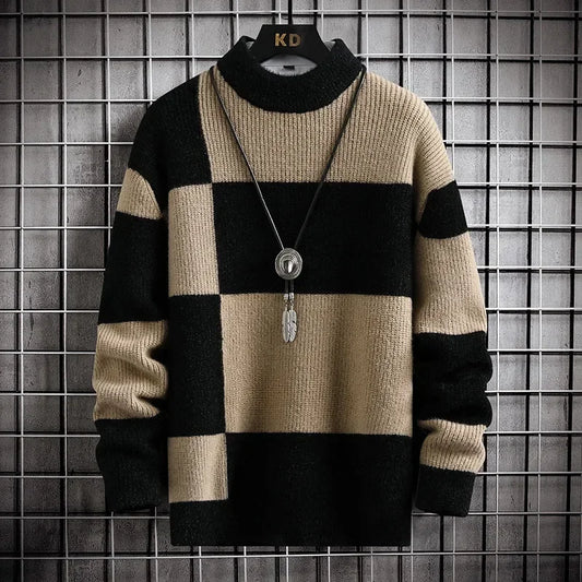 Beige and black striped sweater with a necklace on a grid background