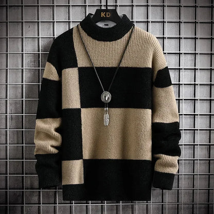 Men's Casual Patchwork Knitted Plaid Sweater with Round Neck - Stylish Block Design