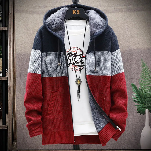 Men's Casual Striped Fleece Zip-Up Cardigan