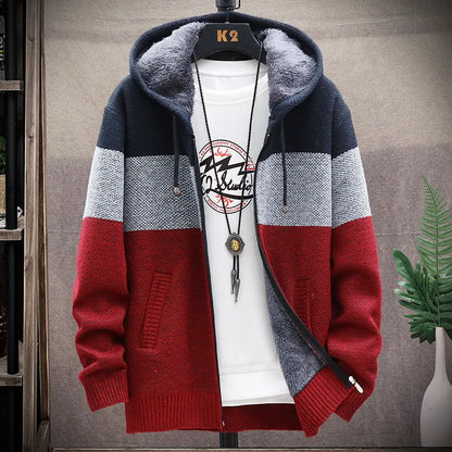 Men's Casual Striped Fleece Zip-Up Cardigan