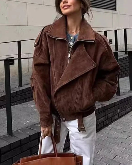 Women's Retro Faux Lapel Suede Jacket - Loose Fit