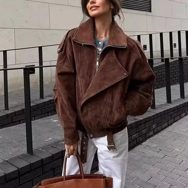 Women's Retro Faux Lapel Suede Jacket - Loose Fit