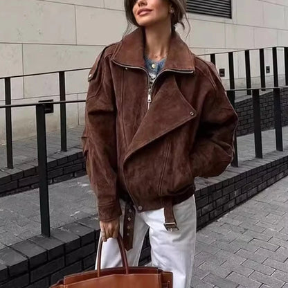 Women's Retro Faux Lapel Suede Jacket - Loose Fit