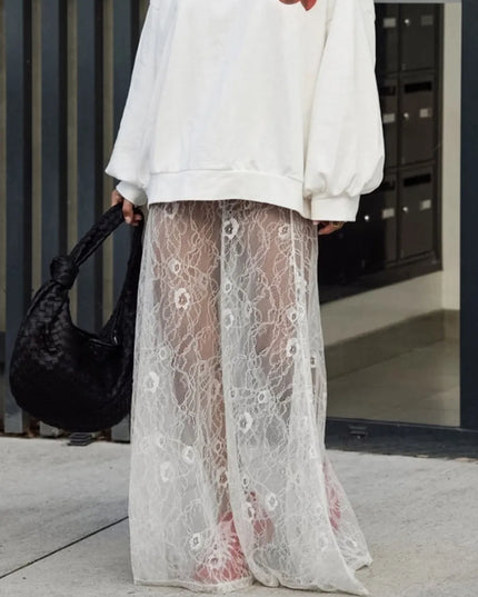 Elegant Jacquard Lace Sheer Maxi Skirt for Women with Elastic Waist and Transparent Design