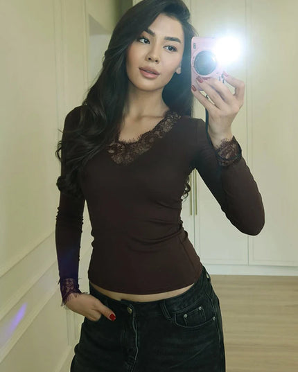 Women's V-Neck Lace Spliced Blouse - Elegant Women's Top