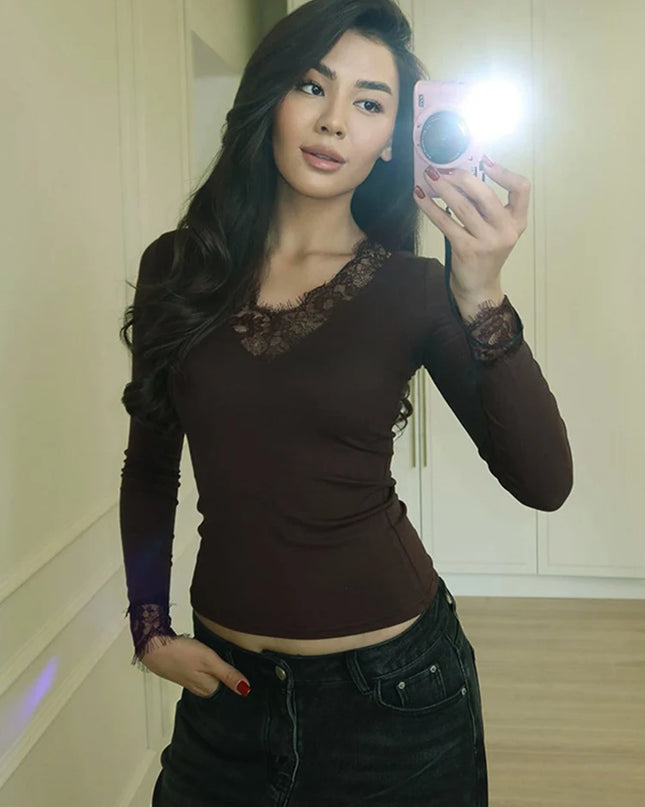 Women's V-Neck Lace Spliced Blouse - Elegant Women's Top