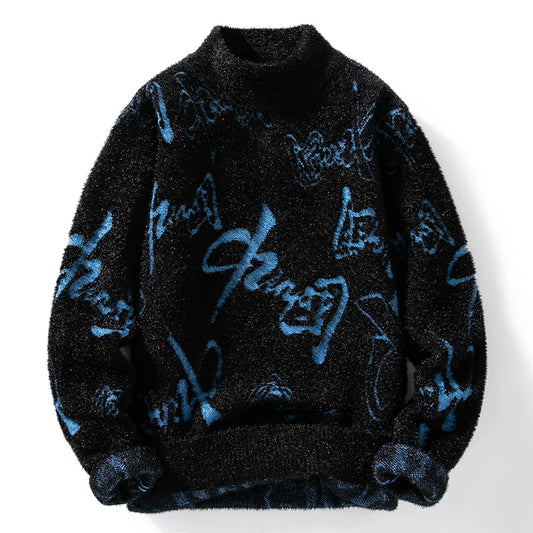 Men's Warm Wool Sweater with Chinese Letter Print