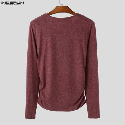 Incerun Men's V-Neck Long Sleeve Pleated Streetwear Top – Trendy Casual Urban Fashion for Men