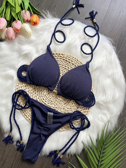 Womens Handcrafted Rope Bikini Set - Triangle Two-Piece Swimsuit