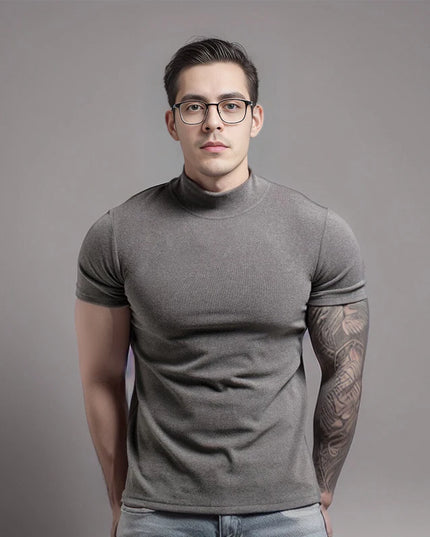 Men's Short Sleeve T-Shirt with Half High Collar – Slim Fit Casual Top for Men