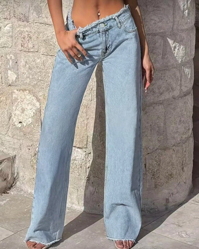 High-Waisted Raw-Hem Straight-Leg Jeans for Women, Relaxed Fit