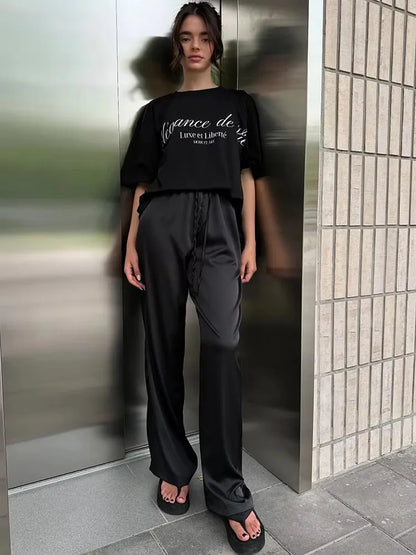 High Waist Satin Casual Women's Trousers with Lace-Up & Elastic Waist – Loose Fit for Comfort and Style