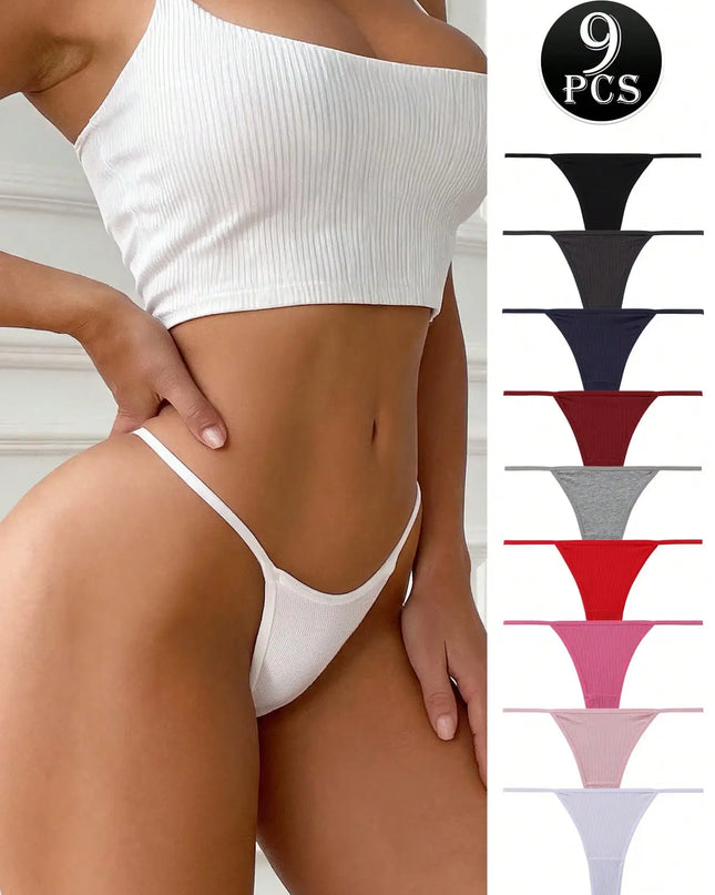 Set of 9 Women's Ribbed Low-Waist Seamless Thong Panties – Soft, Breathable Briefs