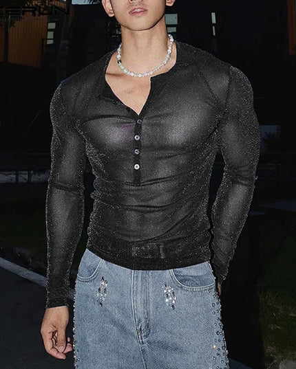 Men's Slim Fit Transparent Mesh Long Sleeve Henley Sweater