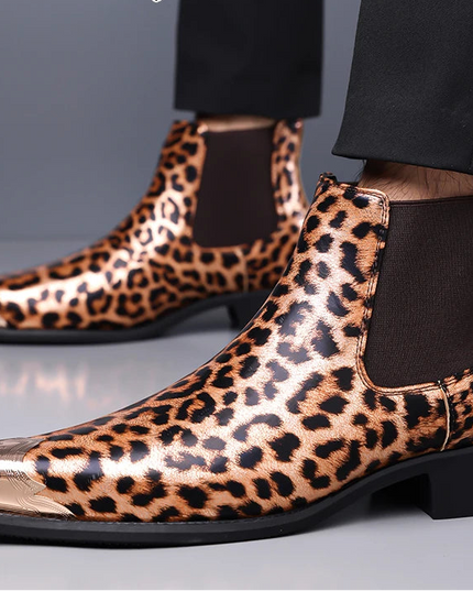 Men's Faux Leather Leopard Print Boots