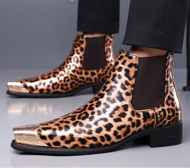Men's Faux Leather Leopard Print Boots