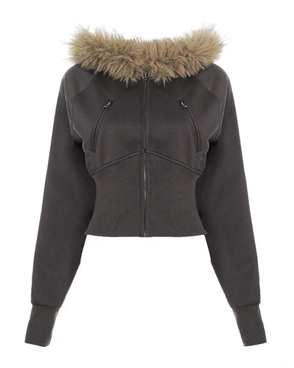 Women's Cropped Hooded Jacket with Faux Fur Trim, Fitted Style, Long Sleeves, and Zipper Closure