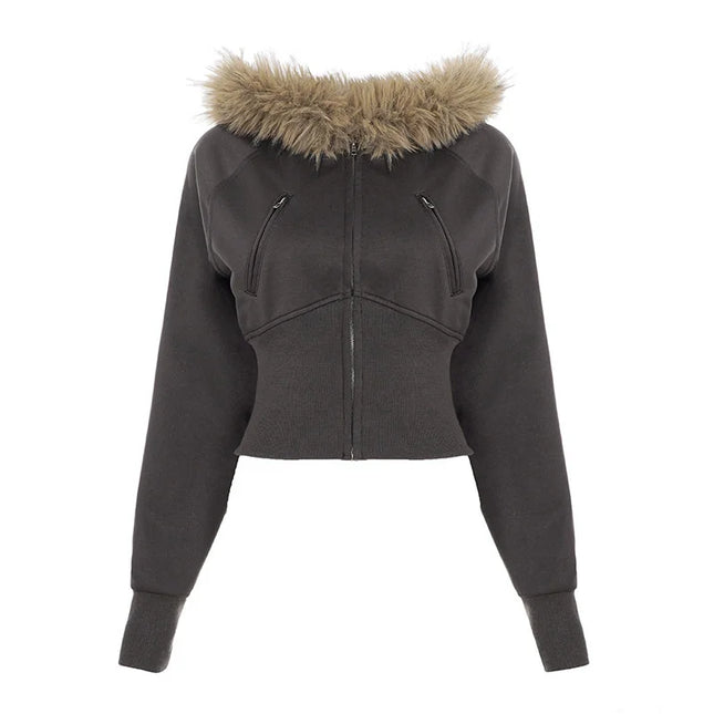 Women's Cropped Hooded Jacket with Faux Fur Trim, Fitted Style, Long Sleeves, and Zipper Closure