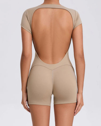 Women's Padded Short Sleeve One-Piece Jumpsuit - Quick-Dry, Backless Sports Suit for Active Fitness