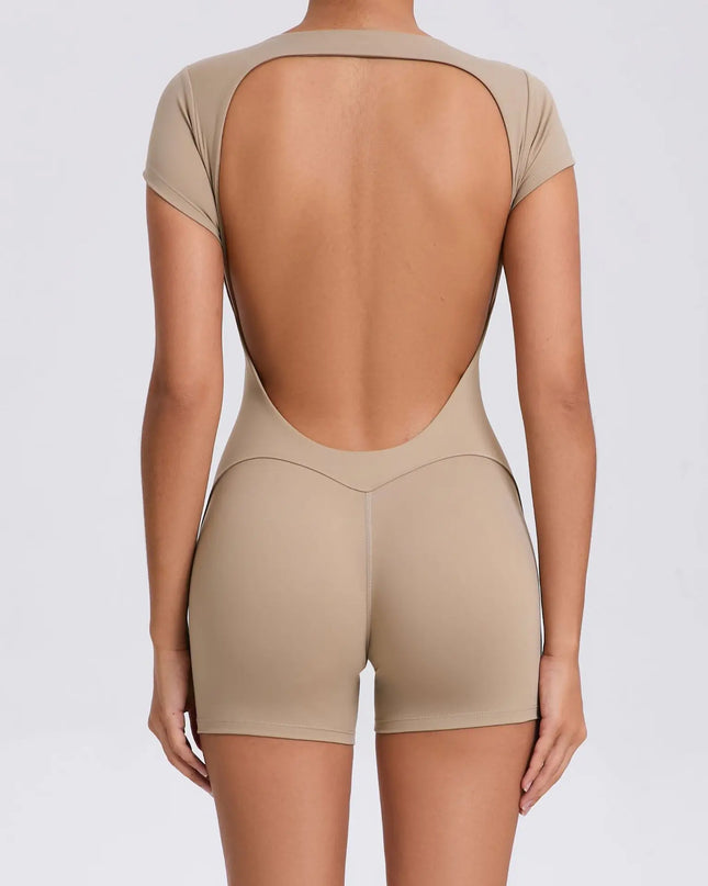 Women's Padded Short Sleeve One-Piece Jumpsuit - Quick-Dry, Backless Sports Suit for Active Fitness