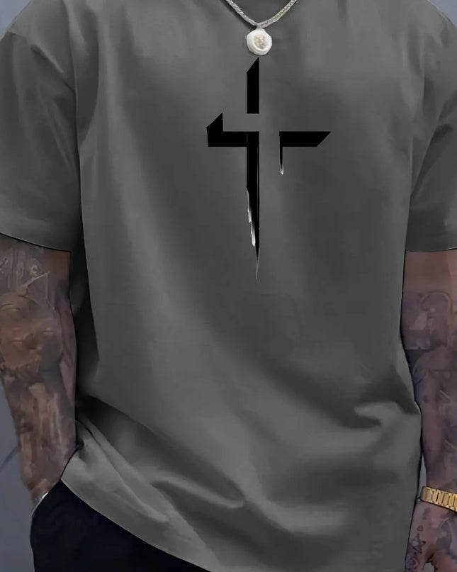 Men's 100% Cotton Casual Loose Fit Cross Print Round Neck T-Shirt