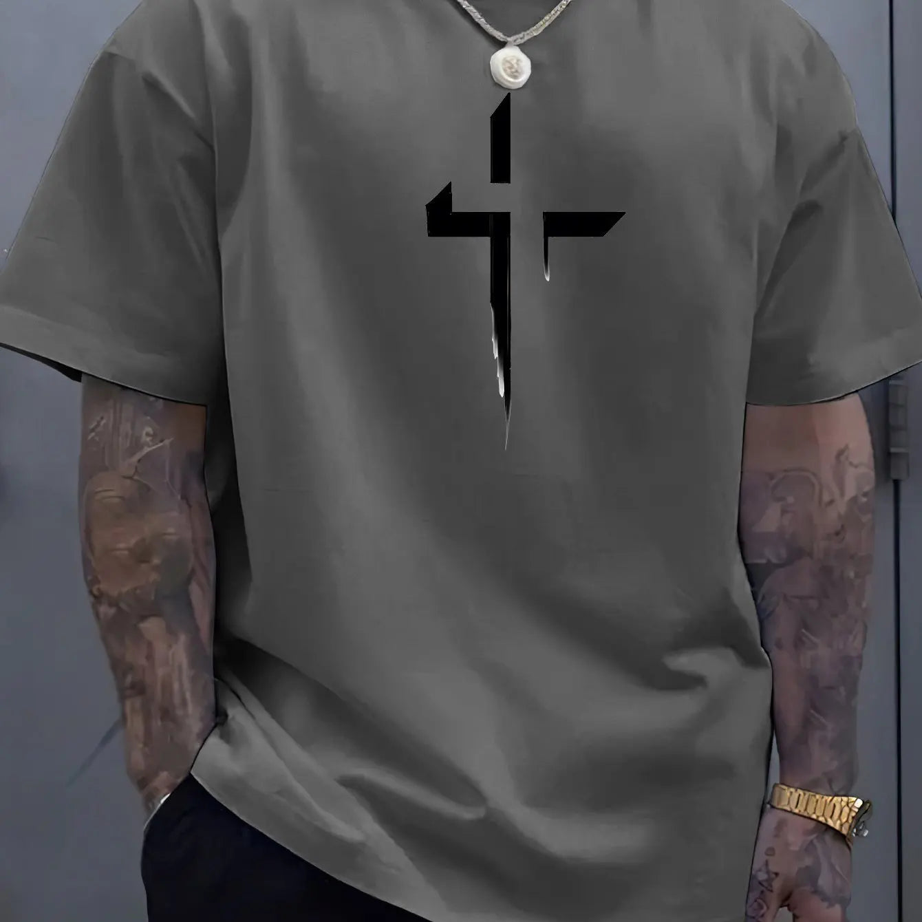 Men's 100% Cotton Casual Loose Fit Cross Print Round Neck T-Shirt