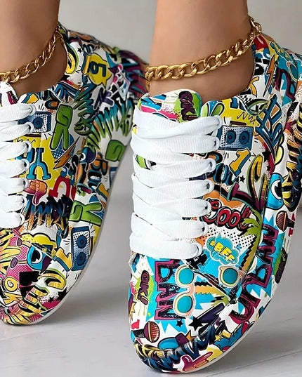 Women's Thick-Soled Sneakers with Graffiti Style