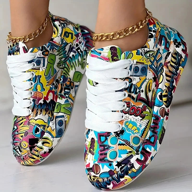 Women's Thick-Soled Sneakers with Graffiti Style