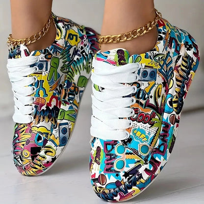 Women's Thick-Soled Sneakers with Graffiti Style