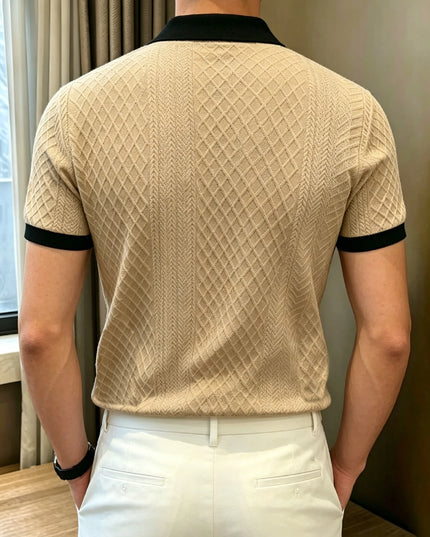 Men’s Jacquard Polo Shirt with Short Sleeves, Ribbed Collar, and 2-Button Placket