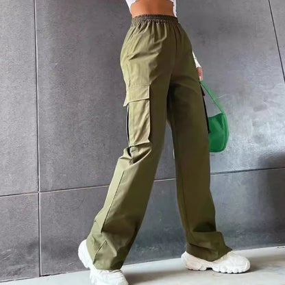 Women’s Baggy Cargo Pants - Casual Straight Fit, Elastic High Waist