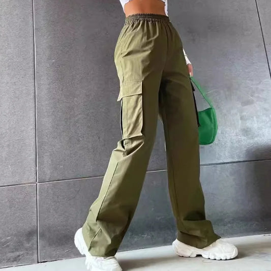 Women’s Baggy Cargo Pants - Casual Straight Fit, Elastic High Waist