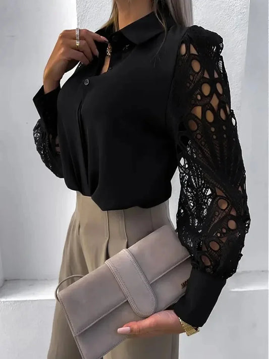 Lace Hollow Out Blouse for Women - Vintage Long Sleeve Button-Up Top