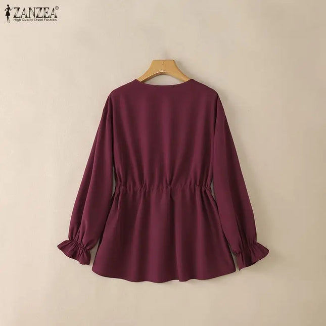 Zanzea Women's Long Sleeve Blouse with U-Neck, Drawstring Waist