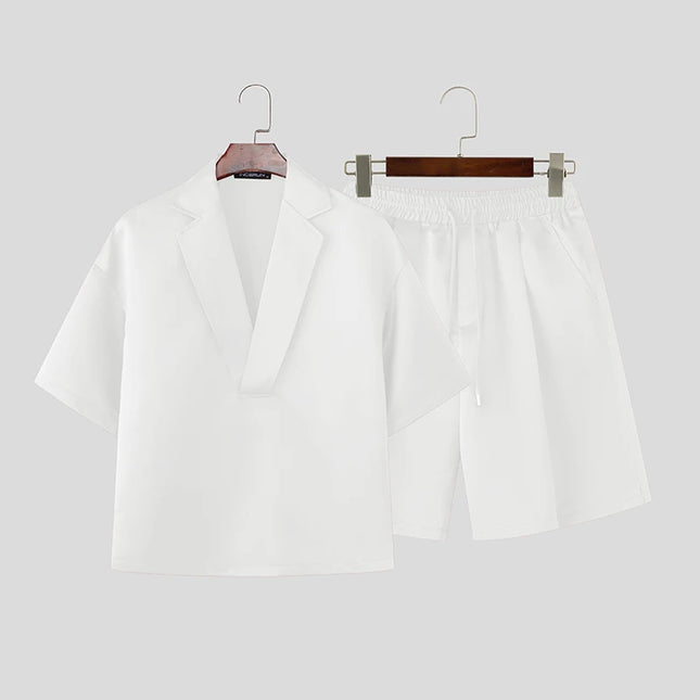 Incerun Men's Two-Piece Short Sleeve Shirt and Shorts Set