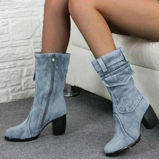 Women's Pointed Denim-Style High Heel Boots