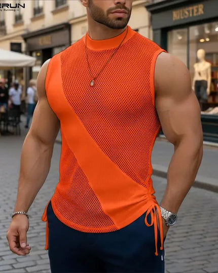 Incerun Men's Mesh Tank Top with Turtleneck and Side Lace Details