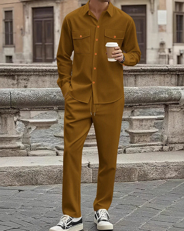 Men's Two-Piece Corduroy Casual Suit – Long-Sleeved Shirt and Long Pants Set