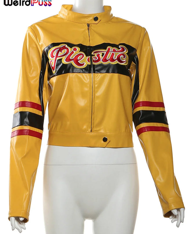 WeirdPuss Letter Embroidery Varsity Jacket for Women | Faux Leather & Stylish Outerwear