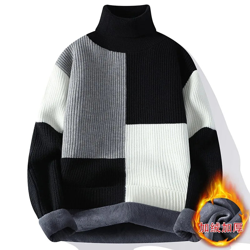 Men's Warm Fleece Turtleneck Sweater - Knitted, Loose Fit, Cozy Winter Pullover