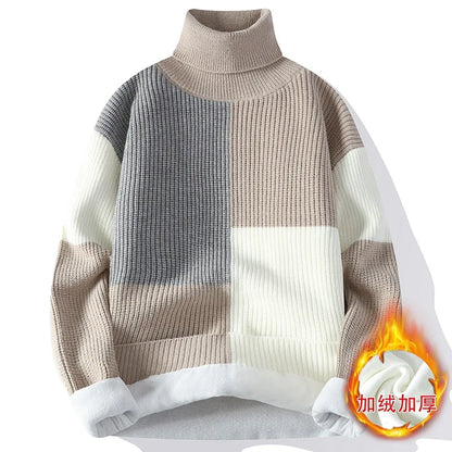 Men's Warm Fleece Turtleneck Sweater - Knitted, Loose Fit, Cozy Winter Pullover