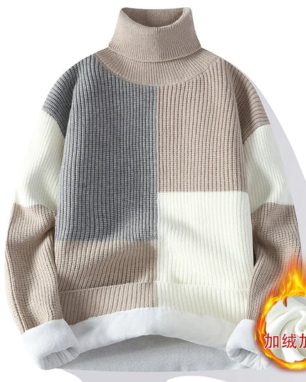 Men's Warm Fleece Turtleneck Sweater - Knitted, Loose Fit, Cozy Winter Pullover