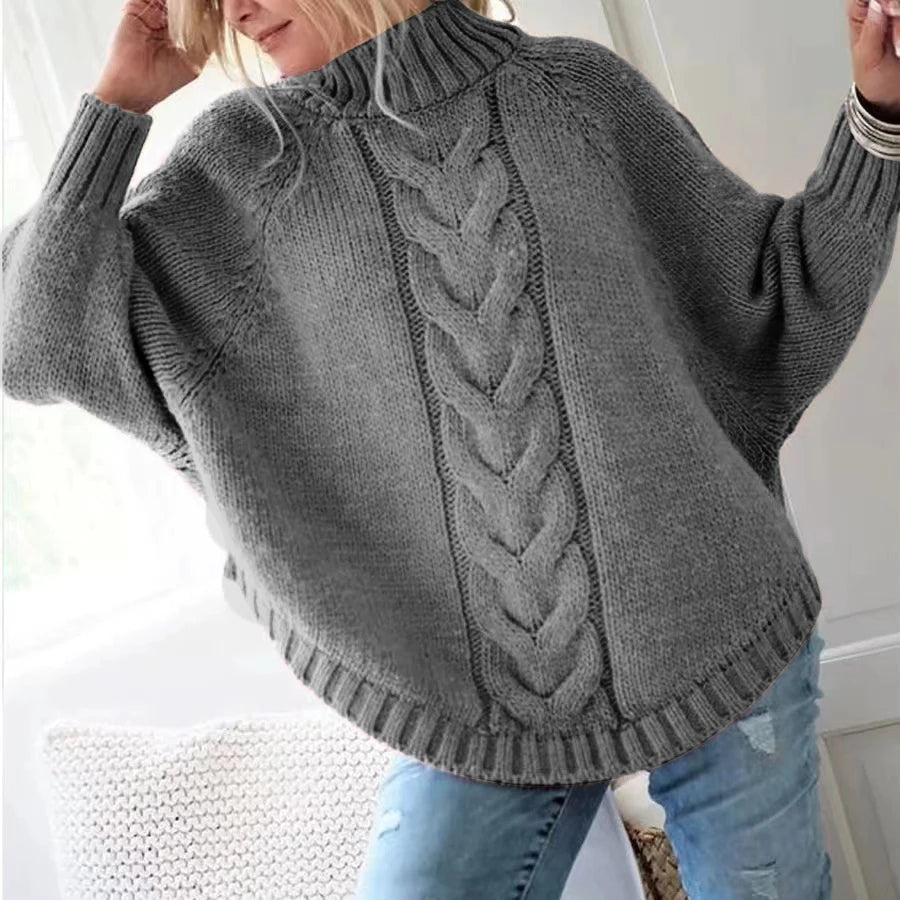 Women's Loose Fit Cable Knit Sweater - High Neck Pullover for Women