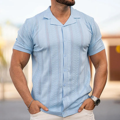 Men's Breathable Striped Knit Patchwork Polo Shirt - Short Sleeve Button-Up