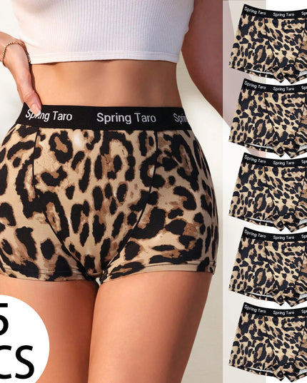 5-Pack Women's Wide Waistband Briefs with Smooth Leopard Print