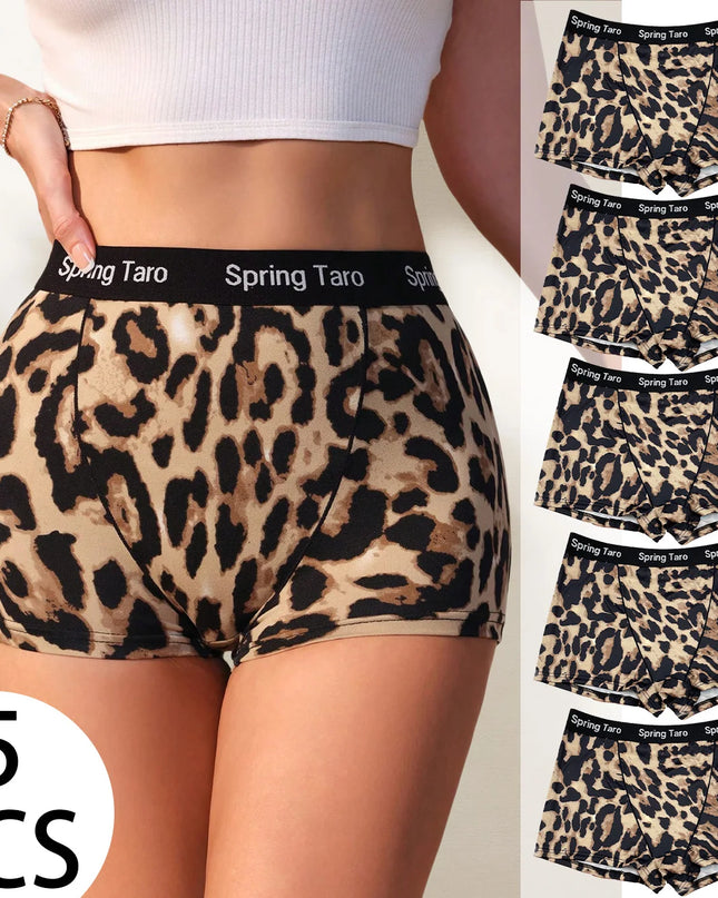 5-Pack Women's Wide Waistband Briefs with Smooth Leopard Print