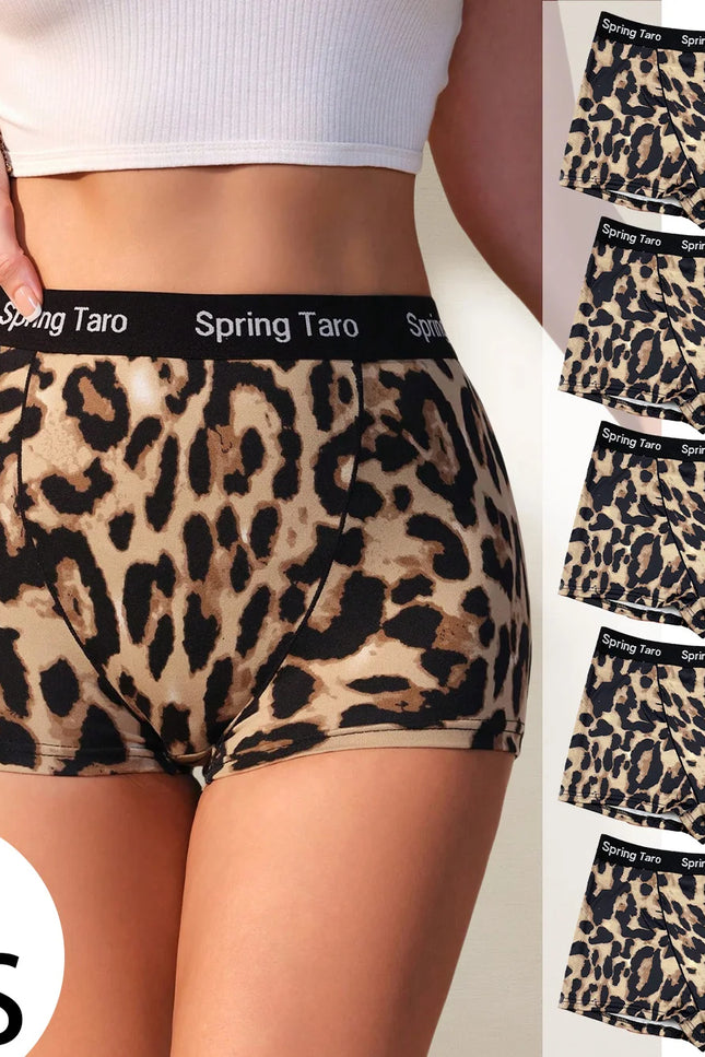 5-Pack Women's Wide Waistband Briefs with Smooth Leopard Print