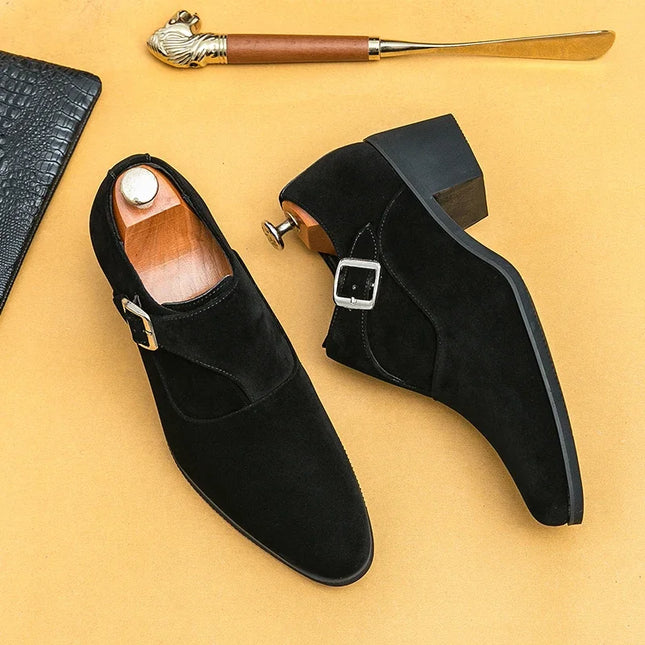 Men's 6CM Height-Boosting Platform Shoes with Pointed Toe and Buckle Decoration